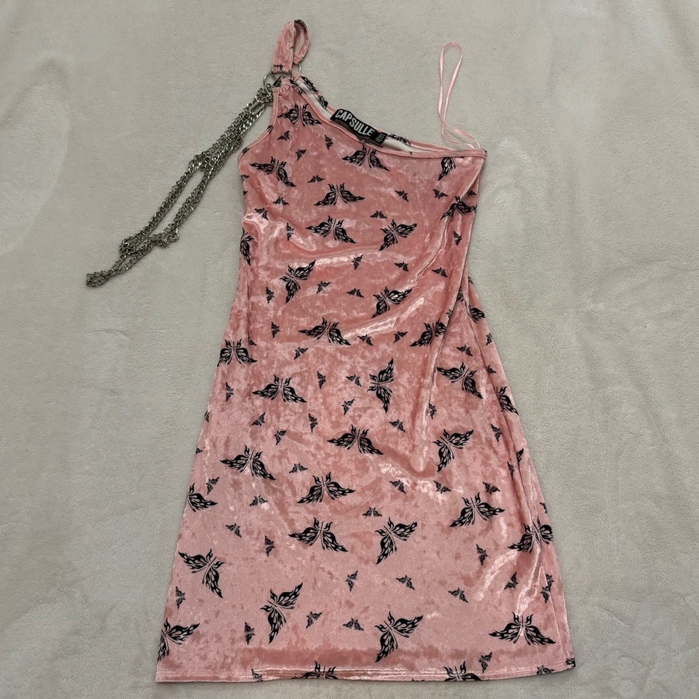 Dolls Kill Capsule One Shoulder Velour Chain Butterfly Pink Mini Dressβββ